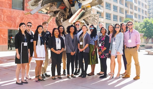 Students standing in front of a sculpture at Museum of Contemporary Art in Los Angeles